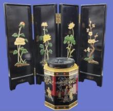 Black Lacquer Miniature Screen with Applied