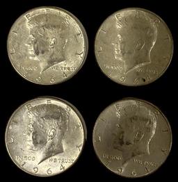 (4) 1964 Kennedy Half Dollars—No Mint Marks—90%