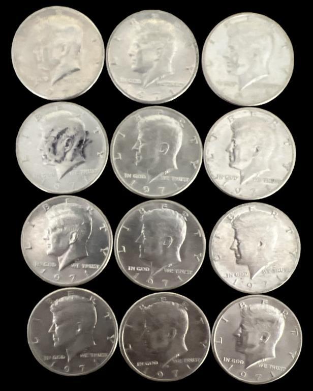 (12) 1971 Kennedy Half Dollars—No Mint Marks