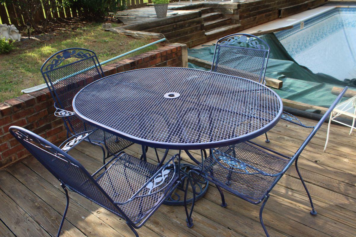 Blue Wrought Iron Patio Set With Cast Umbrella Stand