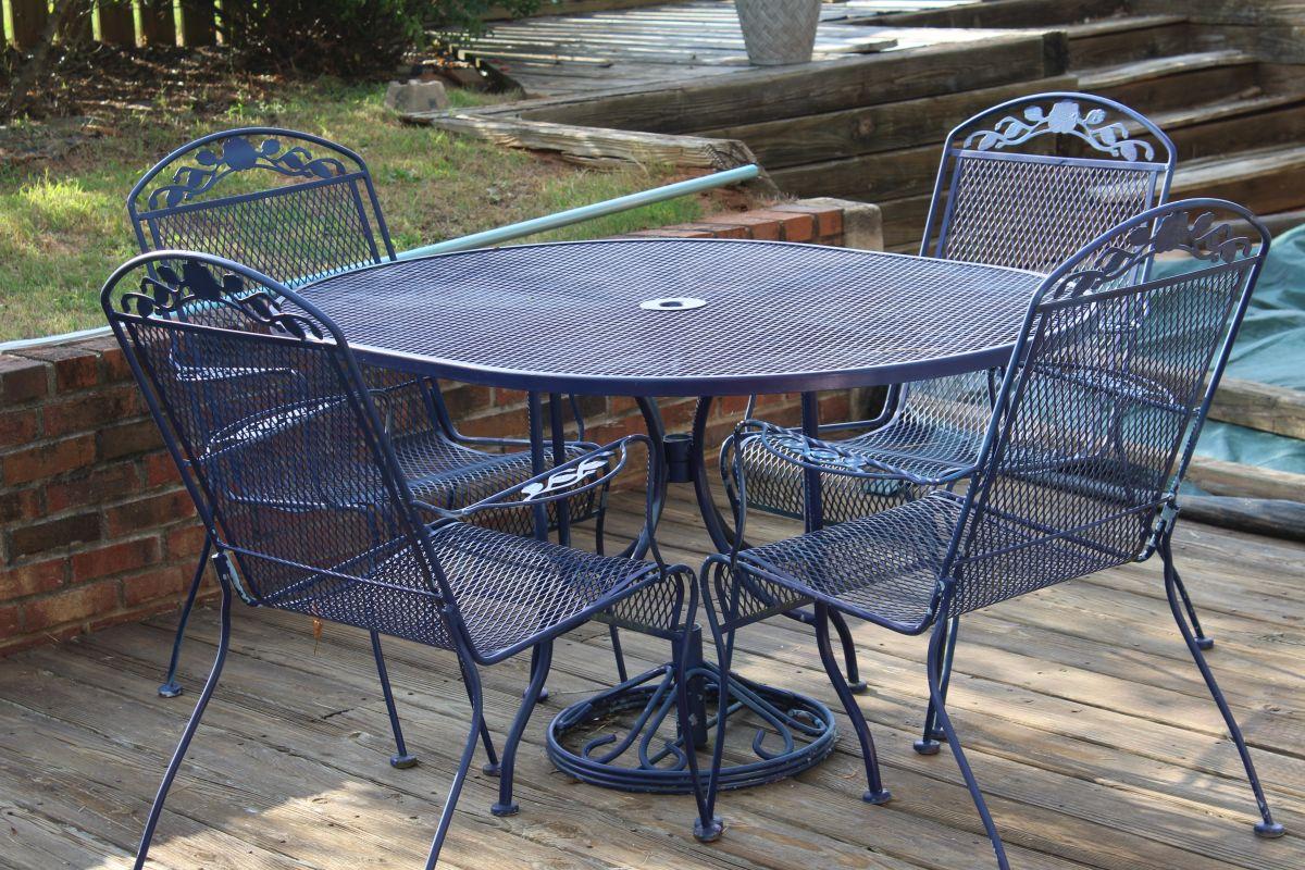 Blue Wrought Iron Patio Set With Cast Umbrella Stand