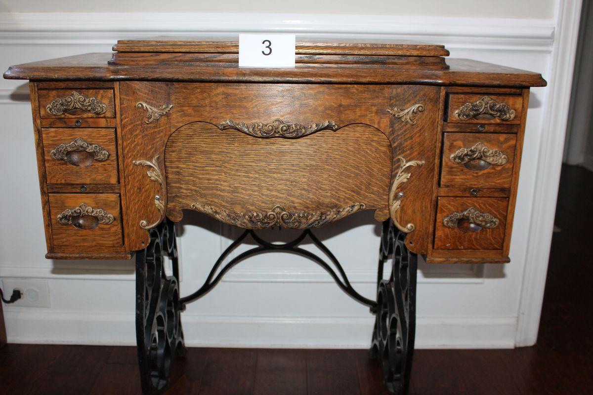 Stunning Ornate Antique Tiger Oak Sewing Machine Cabinet