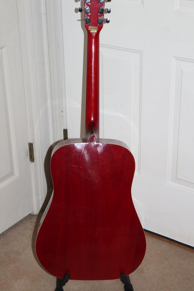 1970's ENCORE Cherry /Sunburst Acoustic Guitar W/Decorative Pick Guard & Hard Case