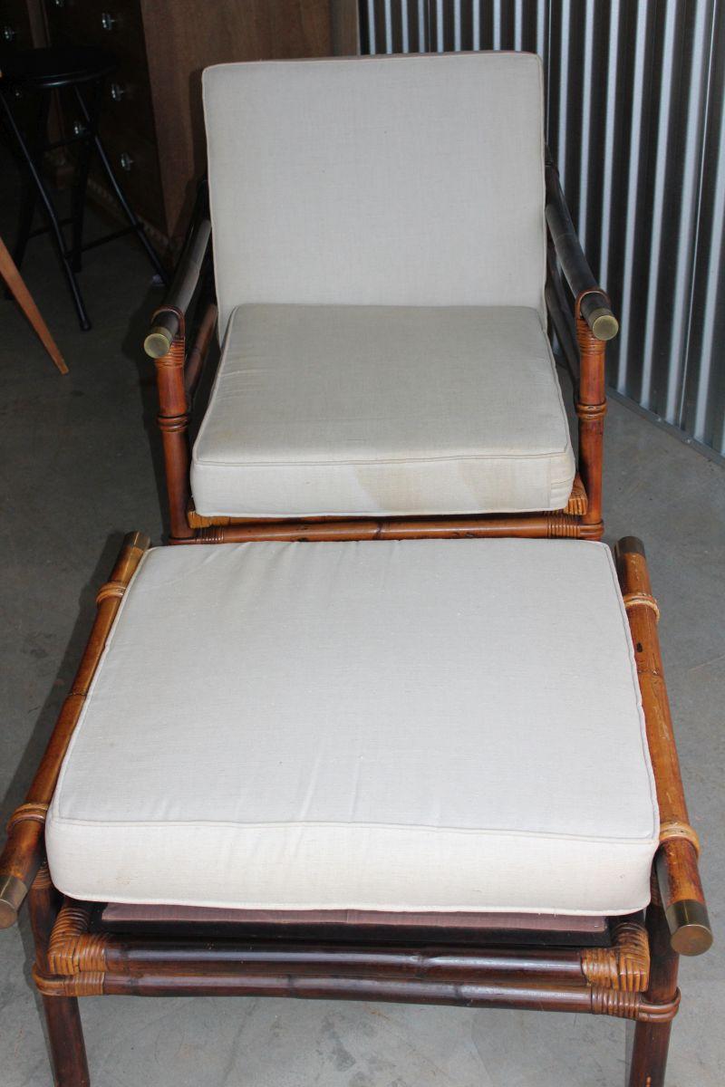 1950's Ficks Reed Co Rattan Lounge Club Chair & Ottoman Inspired By John Wisner "Campaign Style"