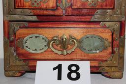 Vintage Asian Inspired Heavily Carved Wood & Jade Jewelry Box W/Lock & Key