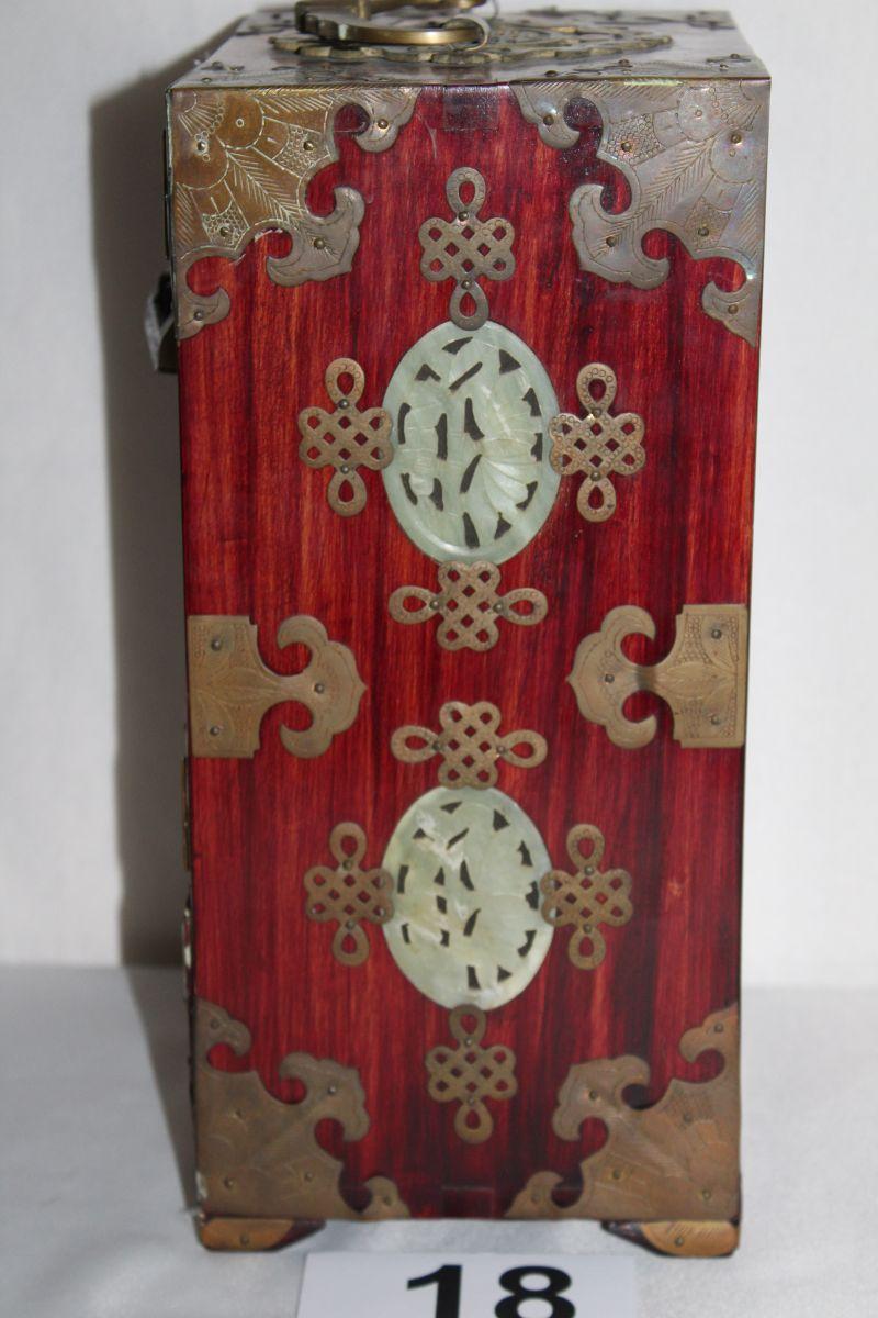 Vintage Asian Inspired Heavily Carved Wood & Jade Jewelry Box W/Lock & Key