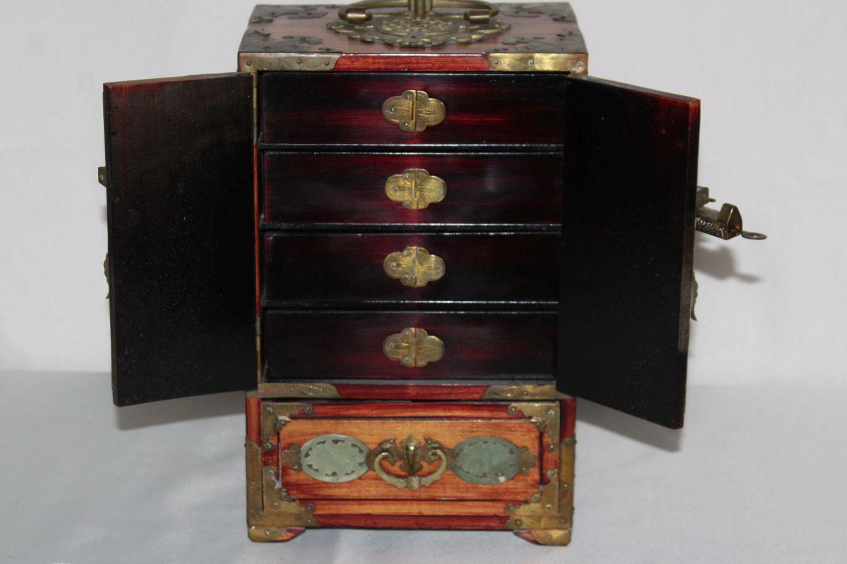 Vintage Asian Inspired Heavily Carved Wood & Jade Jewelry Box W/Lock & Key