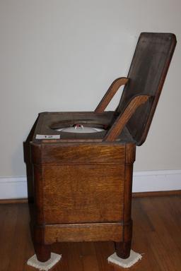 Early Complete Solid Oak Commode W/Lidded Chamber Pot