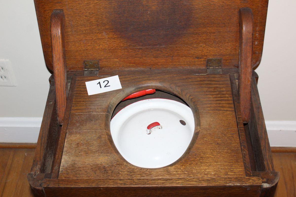 Early Complete Solid Oak Commode W/Lidded Chamber Pot