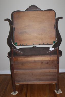 Antique Tiger Oak Dresser W/Attached Carved Mirror On Casters