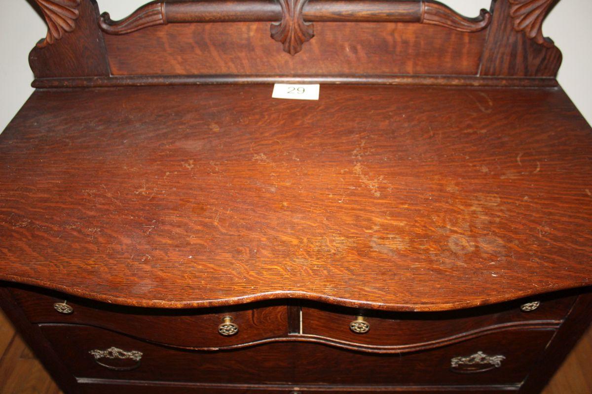 Antique Tiger Oak Dresser W/Attached Carved Mirror On Casters