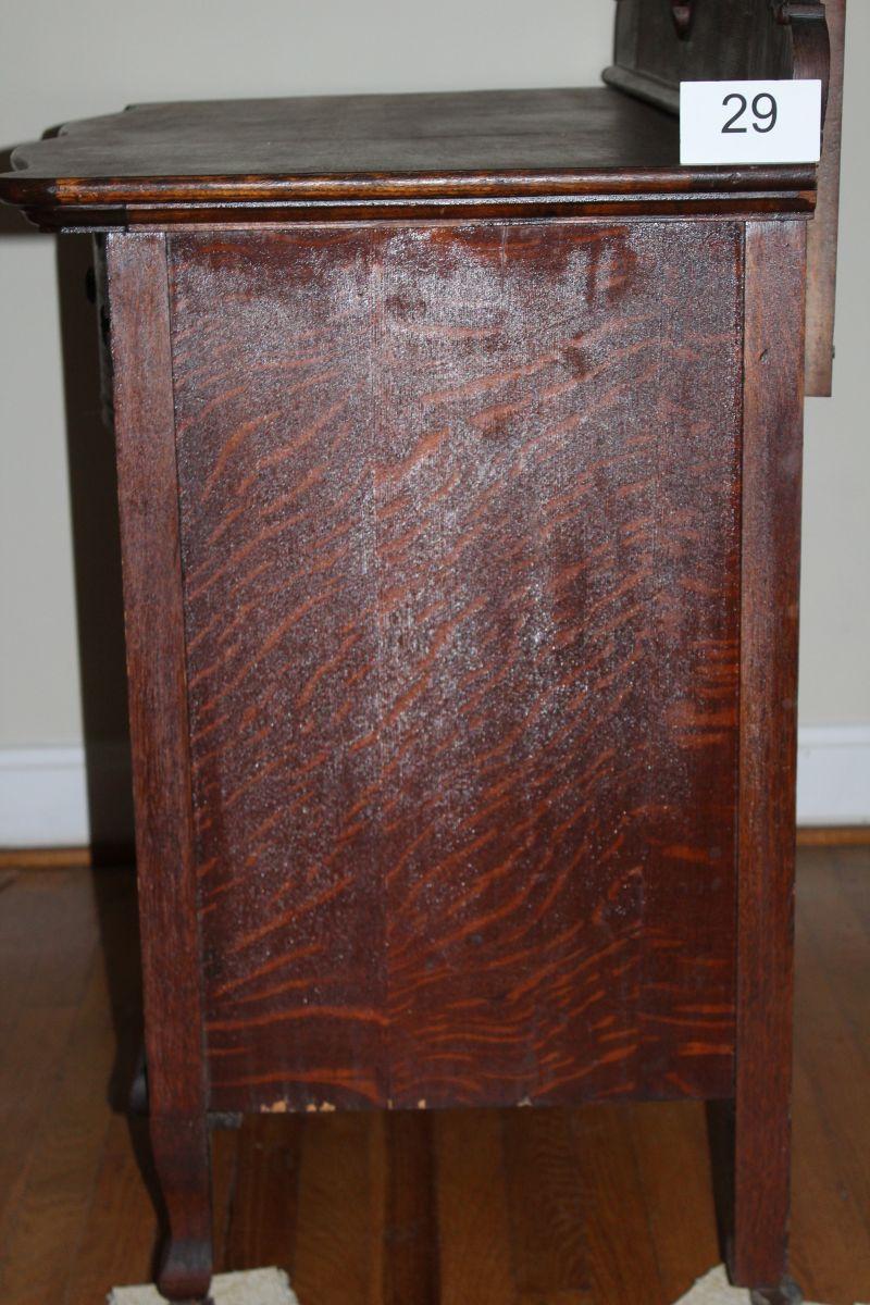 Antique Tiger Oak Dresser W/Attached Carved Mirror On Casters