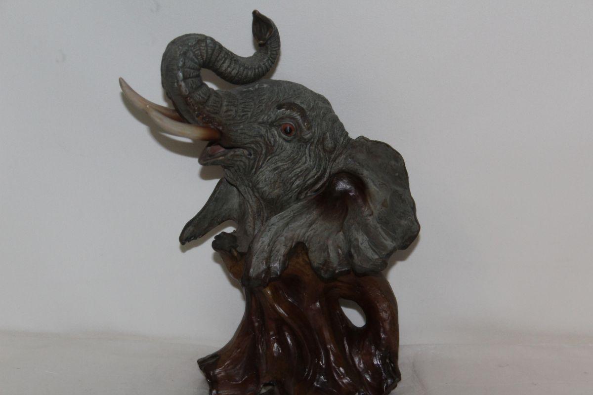 Lifelike Elephant Head Bust Faux Wood Resin Figure