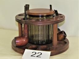 Vintage Aztec Ribbed Glass Humidor W/Walnut Stand, Pipes & More!