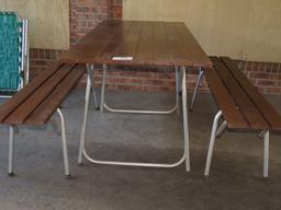 Redwood(?) Slatted Folding Picnic Table & Benches