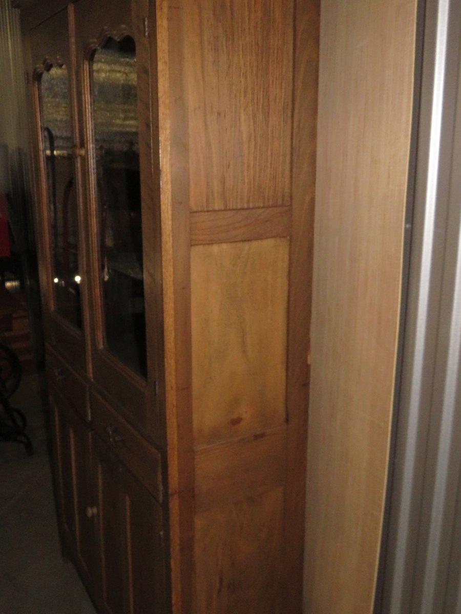 Vintage Wood Double Glass Door Carved Top Cupboard