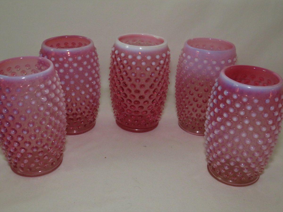 Vintage Fenton Cranberry Hobnail Pitcher & Glasses