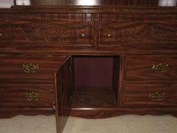 Standard Furniture Carved Dresser W/Lighted Mirror & Side Display Shelving