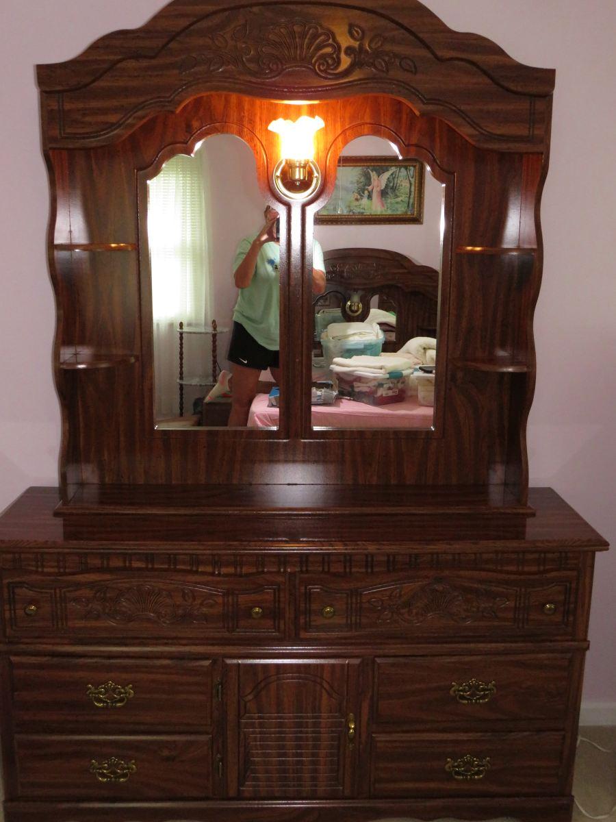 Standard Furniture Carved Dresser W/Lighted Mirror & Side Display Shelving