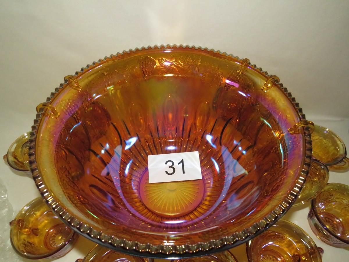 Vintage Merigold Carnival Glass Grape & Cable Punchbowl, 12 Cups, Hangers & Ladle