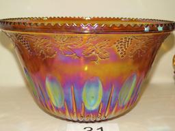 Vintage Merigold Carnival Glass Grape & Cable Punchbowl, 12 Cups, Hangers & Ladle