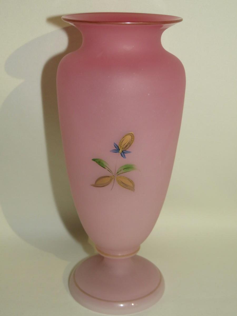 Vintage Delicate Hand-Painted Satin Blown Glass Vase W/Gold Accents