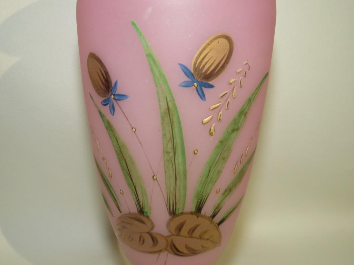 Vintage Delicate Hand-Painted Satin Blown Glass Vase W/Gold Accents