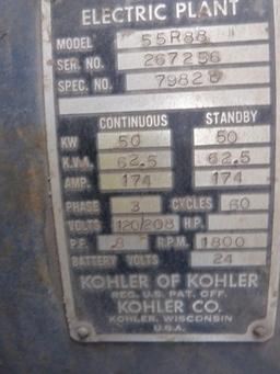 KOHLER Model 55R88, 50KW Skid Mounted Generator, s/n 267256, powered by 6 cylinder natural gas