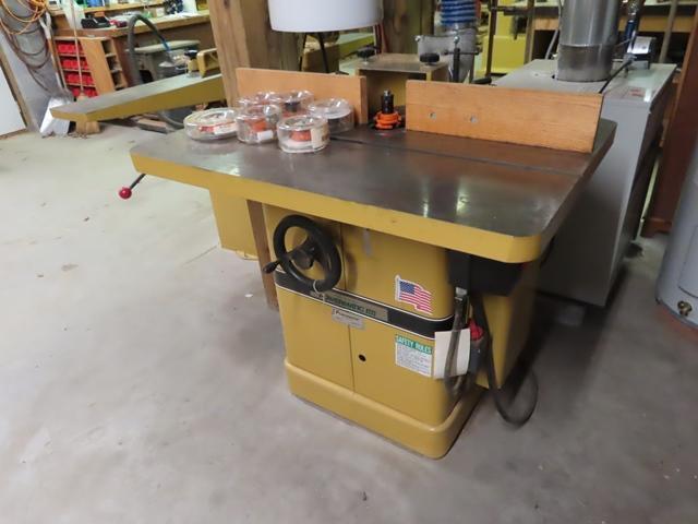 POWERMATIC 27 Shaper, s/n 9827665, single phase electric, 39.5" x 16" table with slot and (6) bit