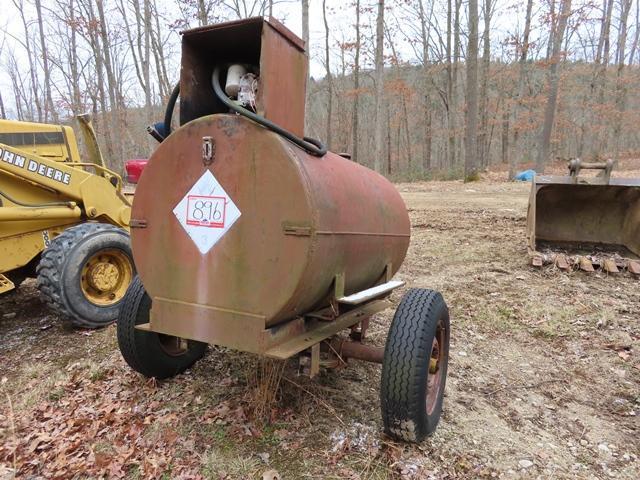 300 Gallon Portable Fuel Tank, with 12 Volt electric pump and 8.50x16 tires. In good condition with