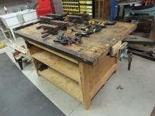 43" x 60" Wood Work Table, vise and assorted parallel clamps and quick grip clamps (Clearfield) (GJ