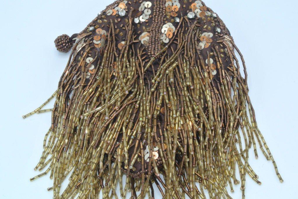 Brown, Long Beads Hand Purse Brown cloth purse with brown and gold beaded appliques and sequins, as