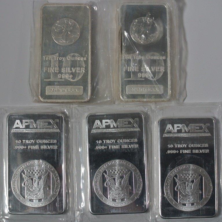 10 troy ounce silver bars "This lot contains (3) APMEX 10 Troy Ounces and (2) Highland Mint 10 Troy