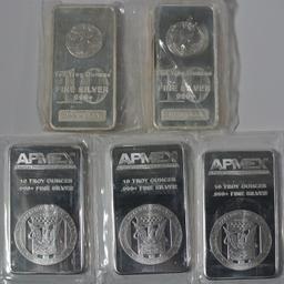 10 troy ounce silver bars "This lot contains (3) APMEX 10 Troy Ounces and (2) Highland Mint 10 Troy