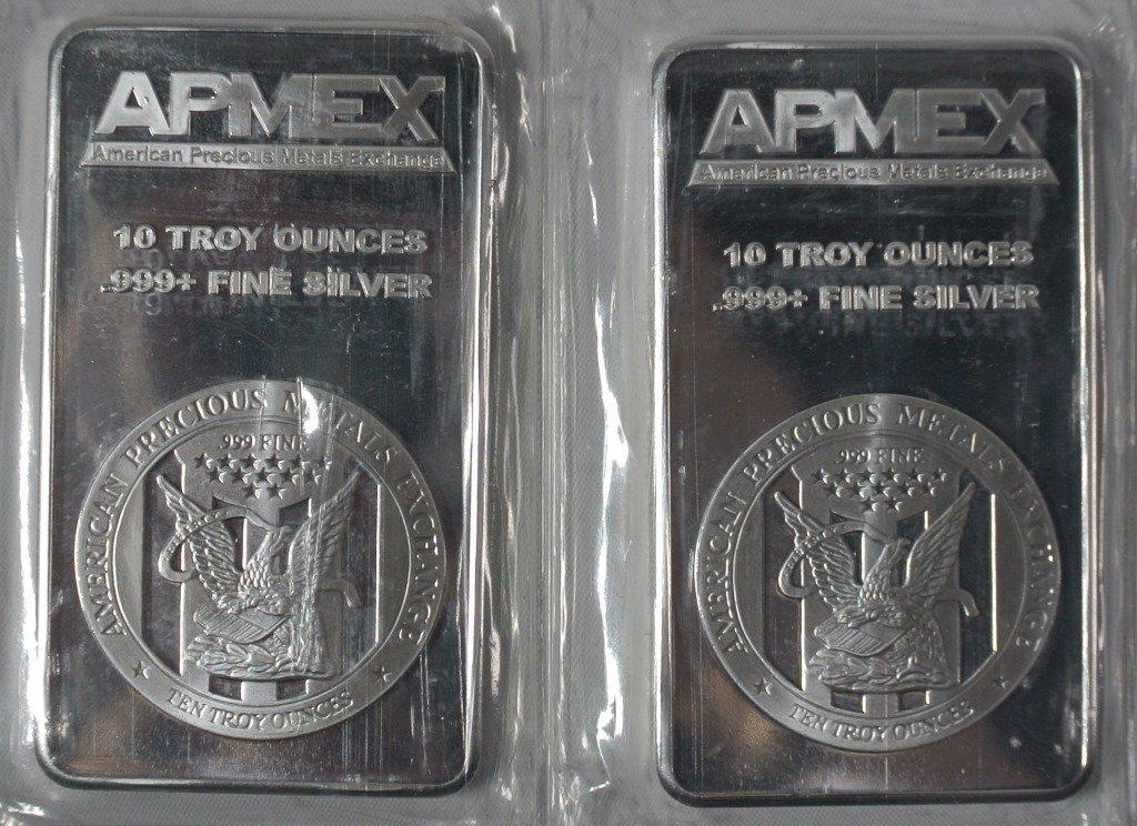 10 troy ounce silver bars "This lot contains (3) APMEX 10 Troy Ounces and (2) Highland Mint 10 Troy