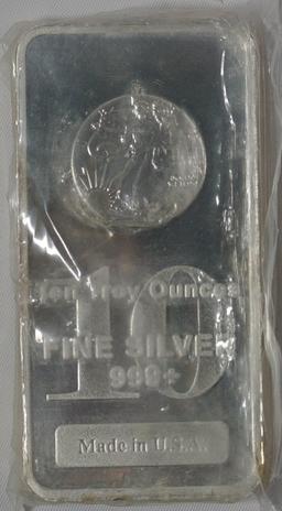 10 troy ounce silver bars "This lot contains (3) APMEX 10 Troy Ounces and (2) Highland Mint 10 Troy