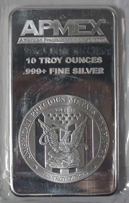10 troy ounce silver bars "This lot contains (3) APMEX 10 Troy Ounces and (2) Highland Mint 10 Troy