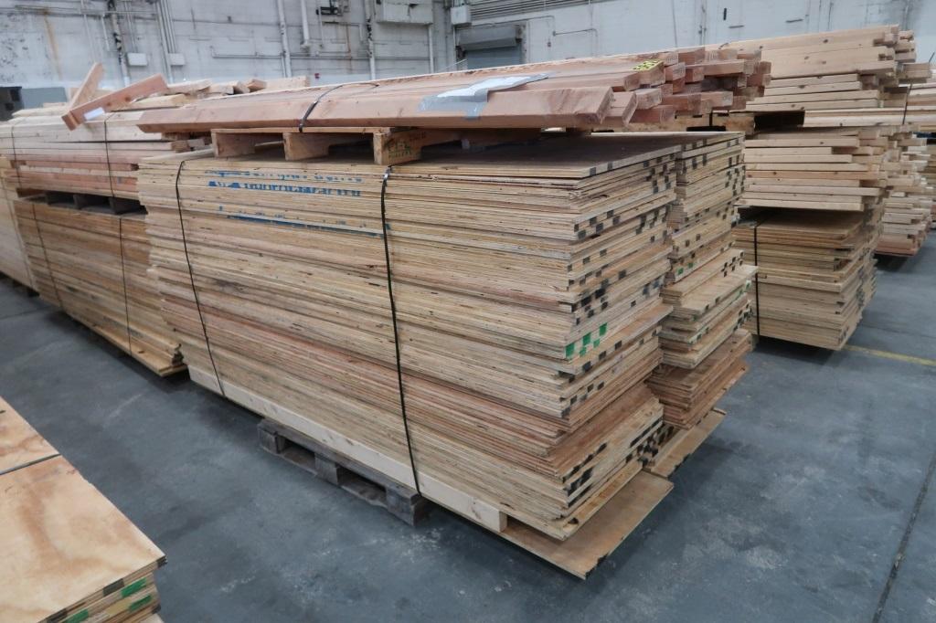 Lot of (8) Pallets of Wood 8 ft  2 in x 4in & 21 in; 8 ft x 2 ft Plywood and 7 ft x 2 ft Frames