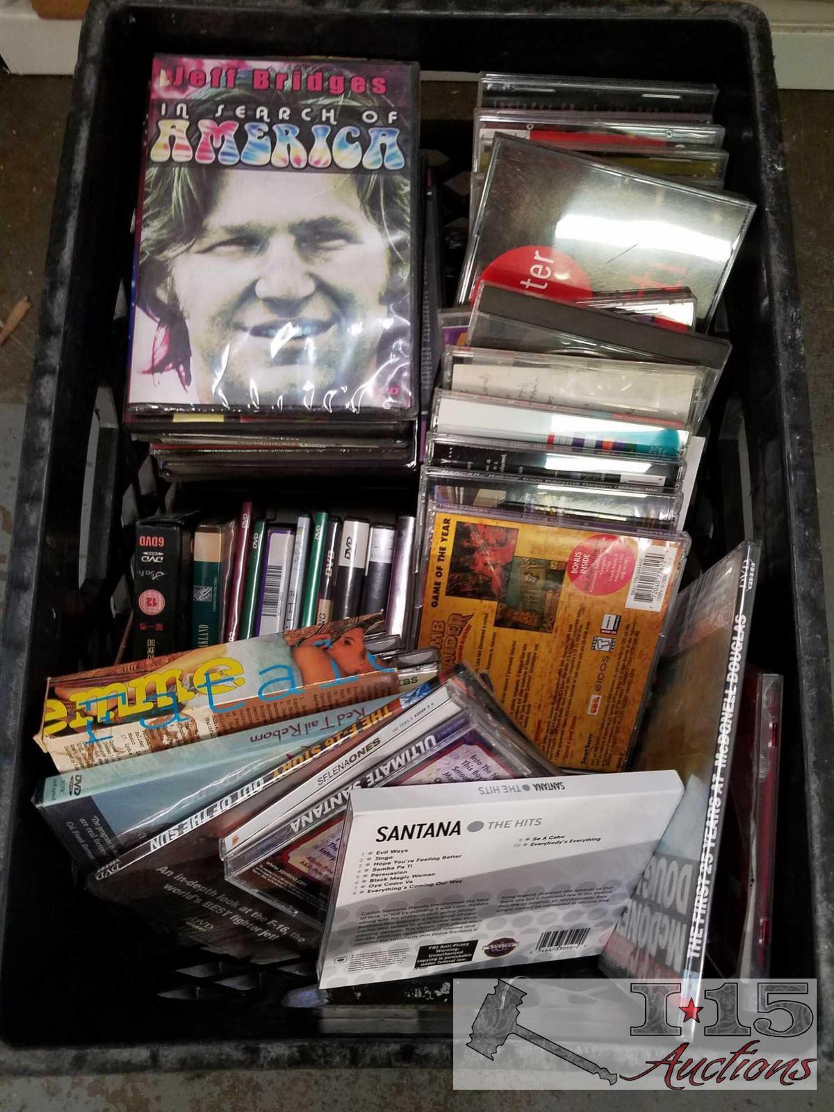 Bin of DVDs and CDs