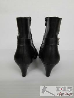 Two pairs of Black Leather Women's Designer Boots Anne Klein Size 8, Via Spiga Size 7.5