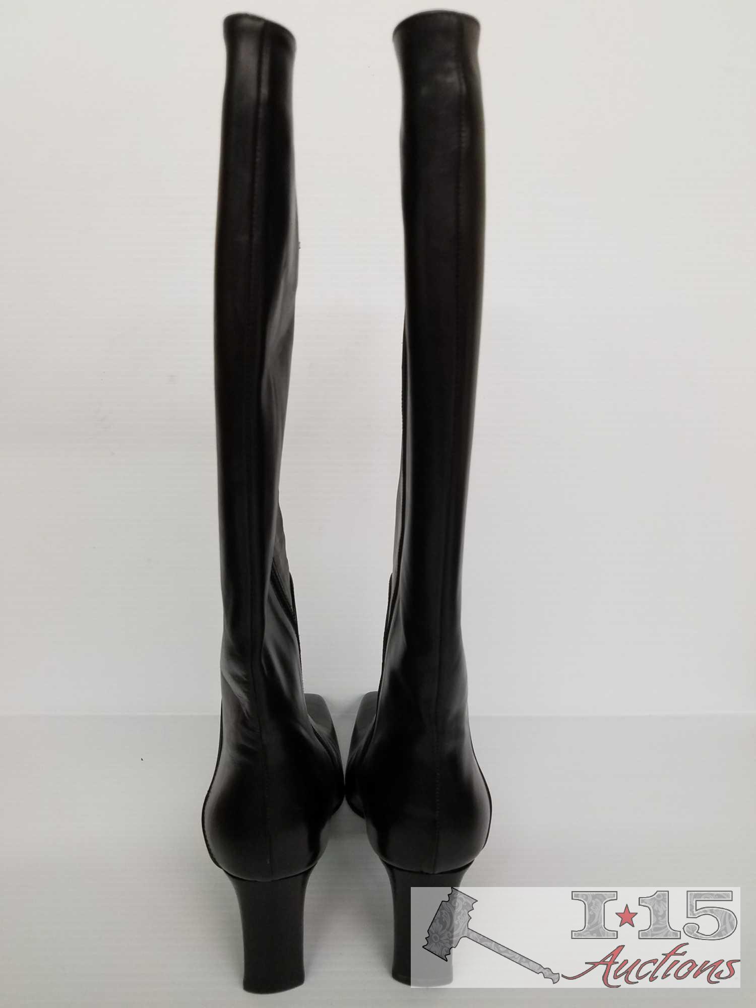 Two pairs of Black Leather Women's Designer Boots Anne Klein Size 8, Via Spiga Size 7.5