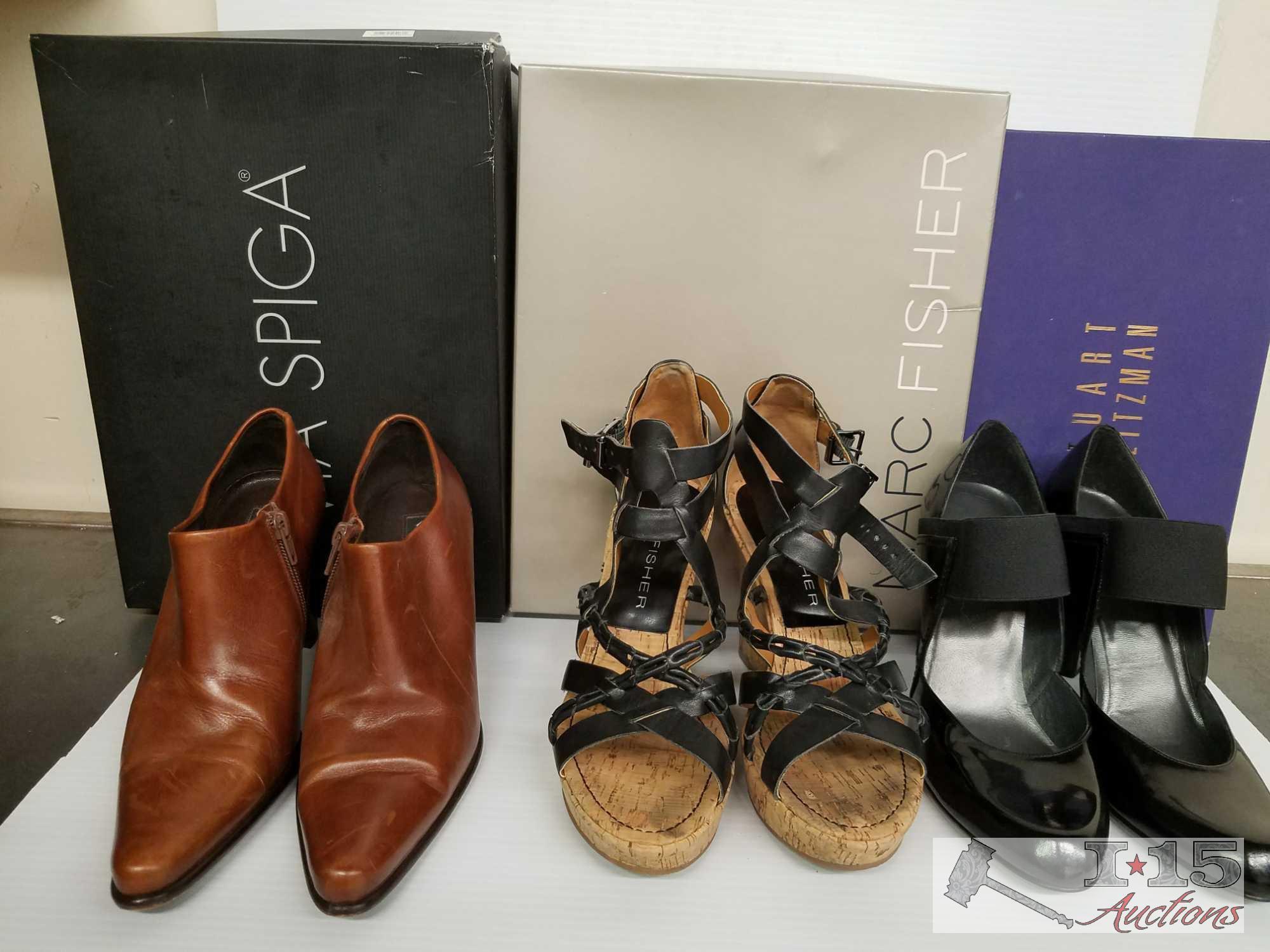 Three pairs Women's Leather Shoes: Via Spiga Bootie Size 7.5, Marc Fisher Wedge Sandals 7.5, Stuart