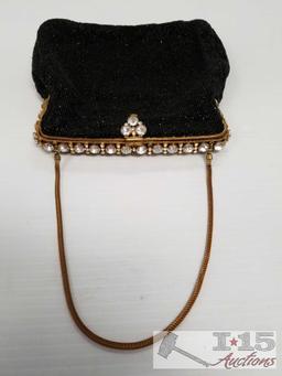 Two black beaded evening bags, one is made in Belgium by P.H. and Co.