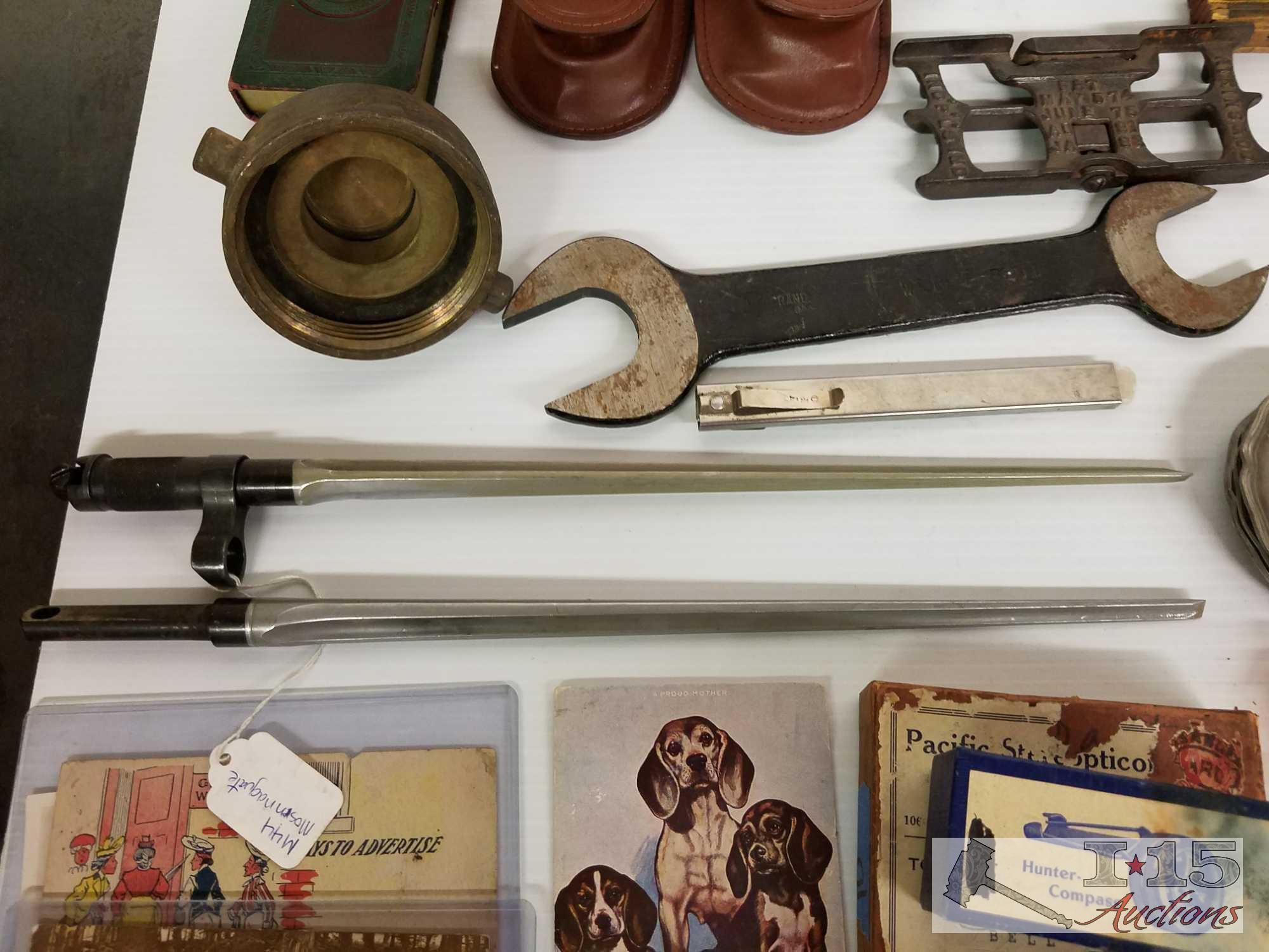 Wood box with vintage tools, compass, origins of baseball cards, key blanks, keys, vintage