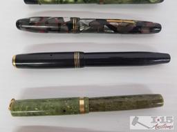 Vintage pen and mechanical pencil set, Parker, Schaeffer, Waltham with geode votive holder