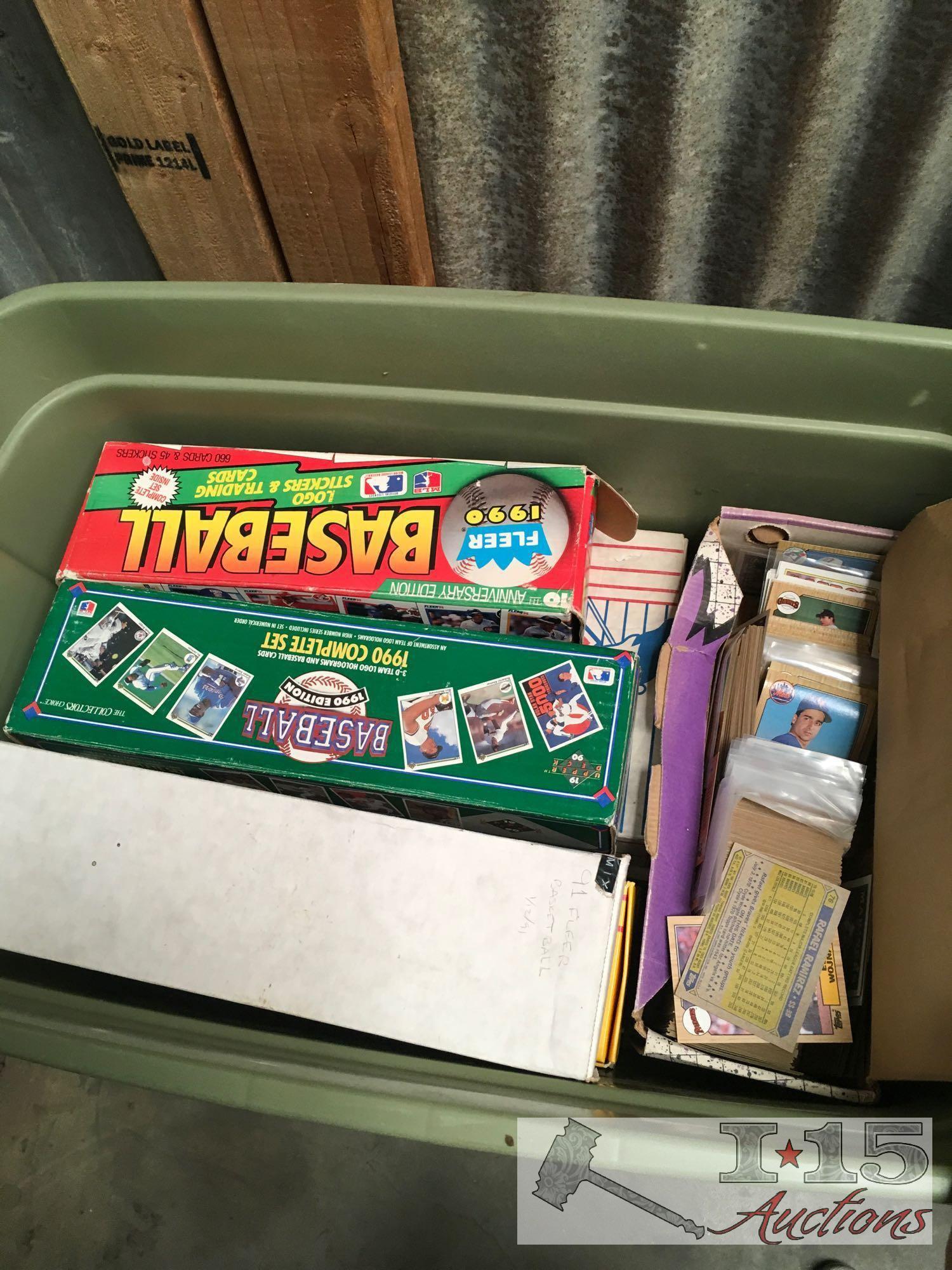 6 bins of baseball, hockey, football etc.