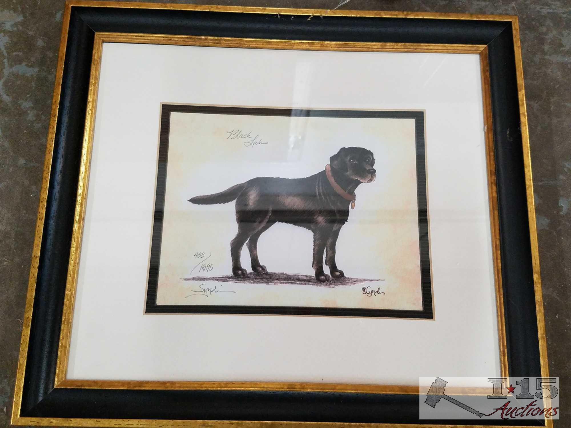 Two matted and framed dog watercolor artworks by Syndi