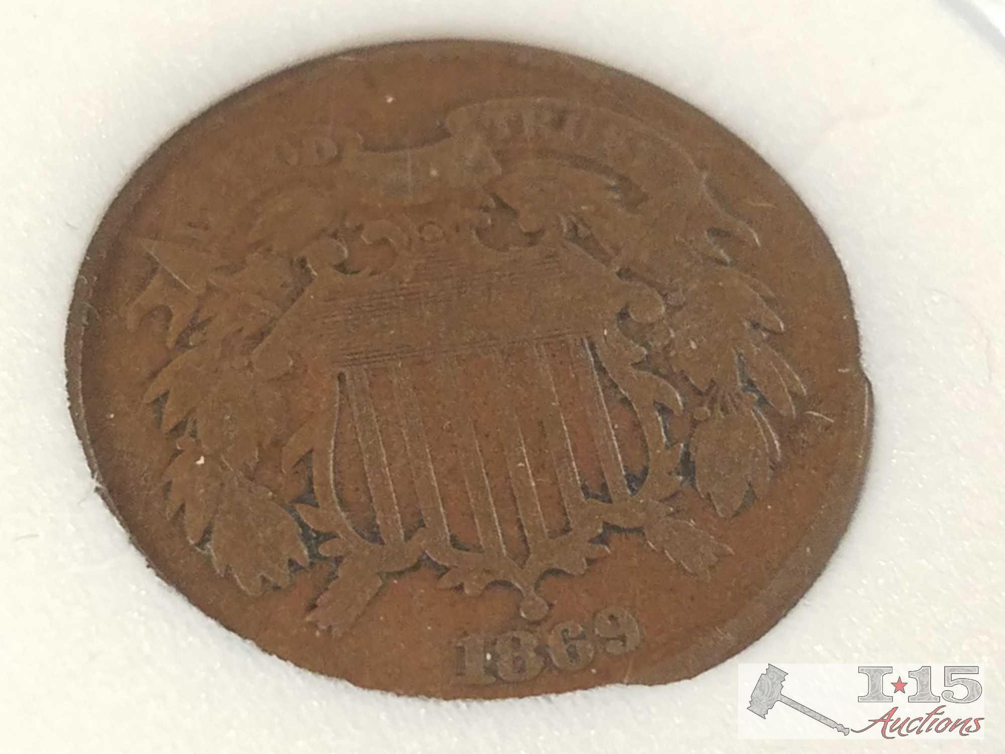 Four Two-Cent coins: quantity 3 - 1865, 1869