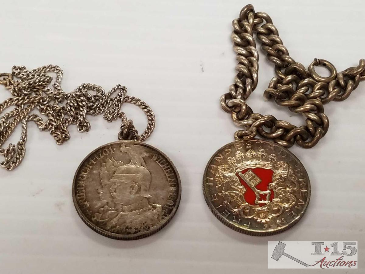 1901 and 1904 Deutsches Reich Zwei Mark Silver Coins on Sterling Silver chains