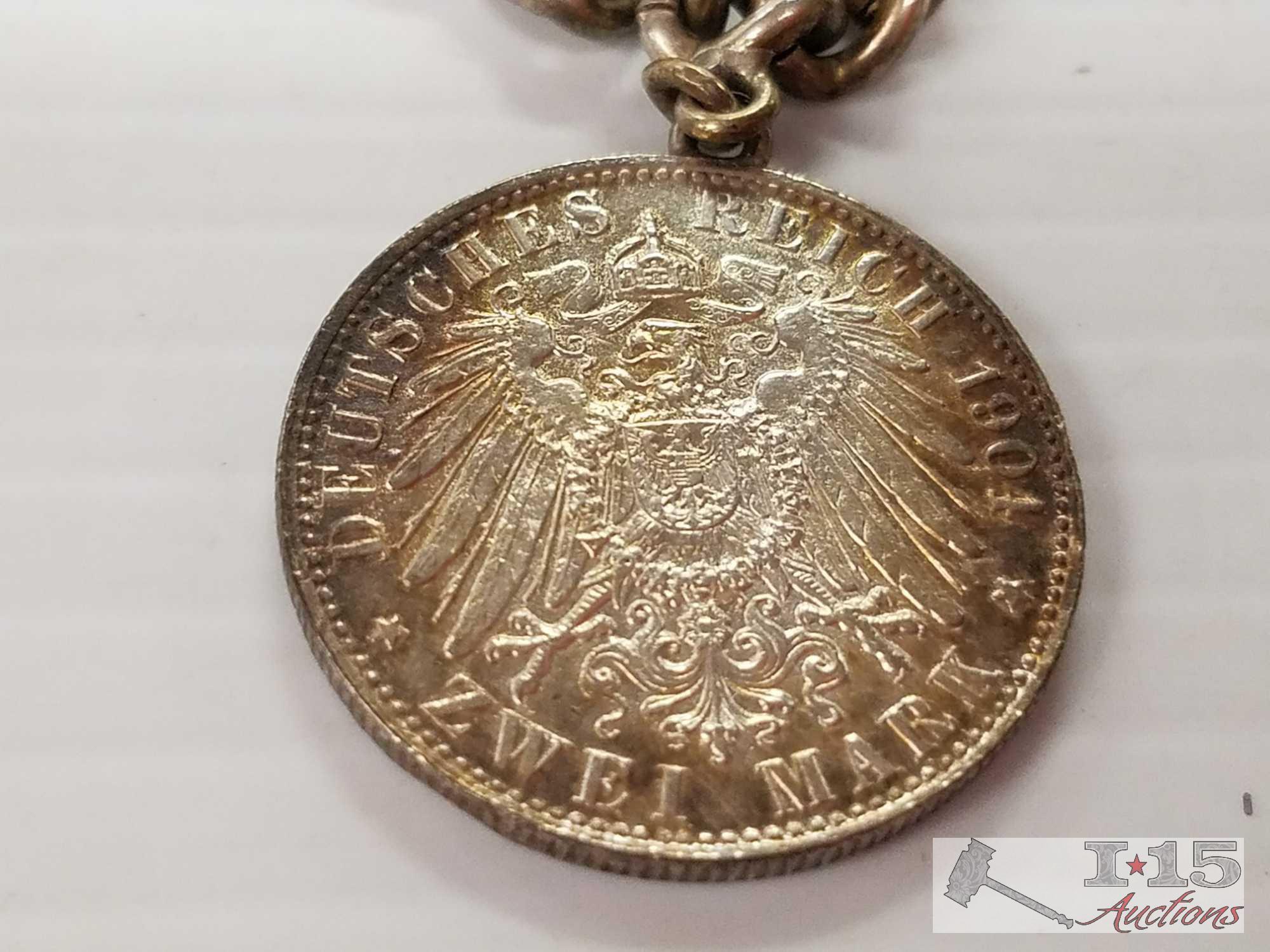 1901 and 1904 Deutsches Reich Zwei Mark Silver Coins on Sterling Silver chains